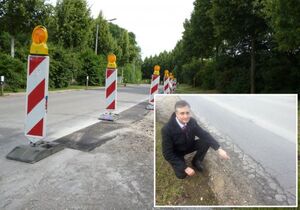 Stadtrat Dr. Thomas Burger erläutert den katastrophalen Zustand der Fahrbahnränder nach dem letzten Winter.
